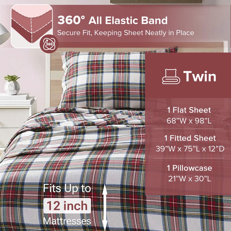 Comfort Spaces Cotton Flannel Sheets Twin Size, Ultra Soft Flannel Sheet Set with 12" Elastic Pocket , Plain Print Warm Flannel Bedding, Scottish Plaid Red 3 Piece - Image 5